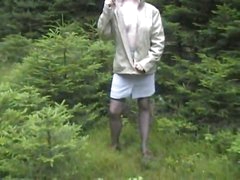 Stockings teen in the woods sucks and takes cumshot